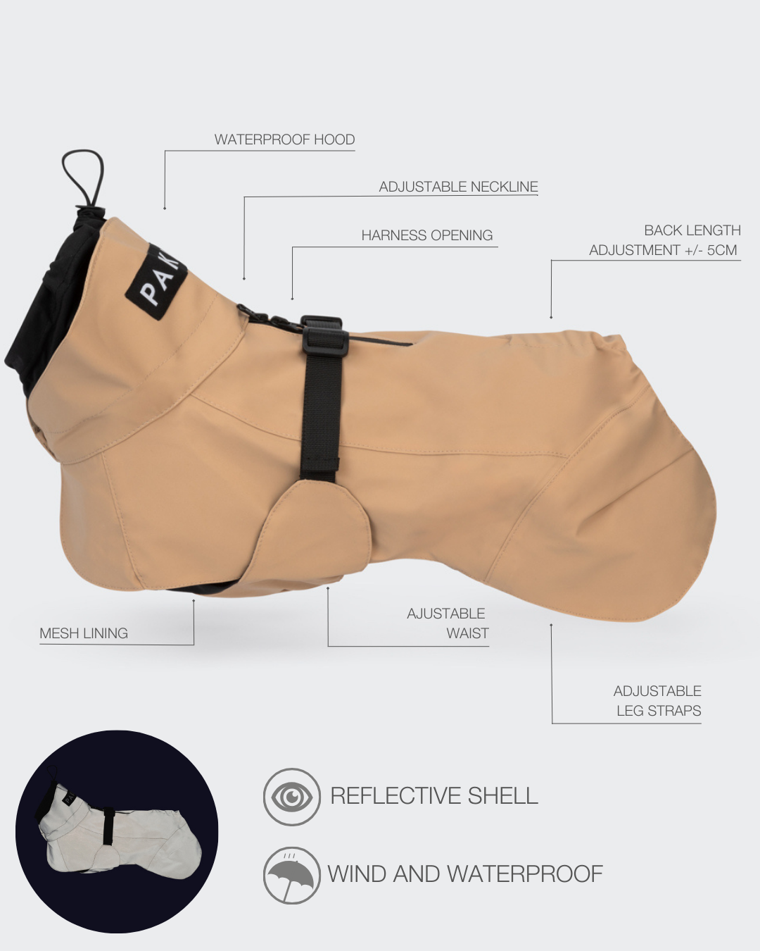 PAIKKA Visibility Raincoat Lite for Dogs Taupe