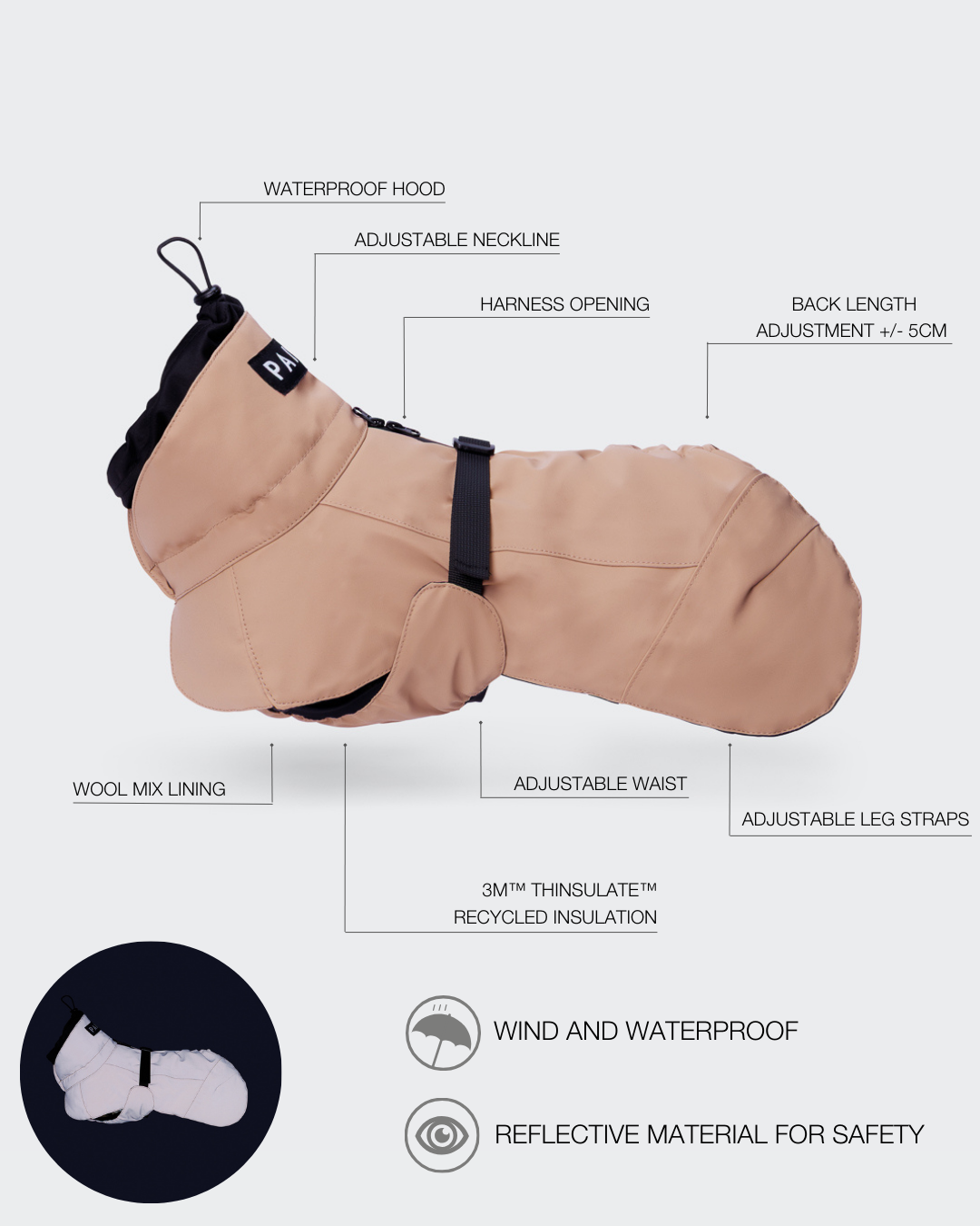 PAIKKA Visibility Hundewinterjacke Wool Taupe